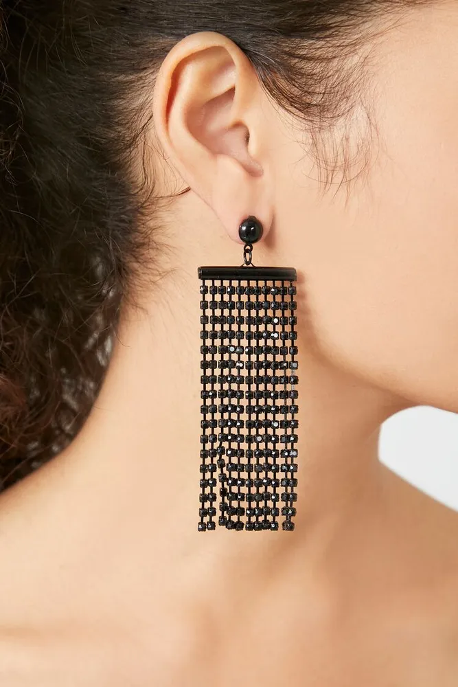 Women's Box Chain Fringe Drop Earrings in Black