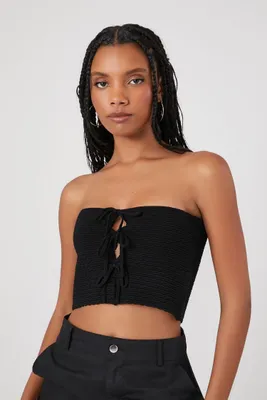 Women's Sweater-Knit Tie-Front Tube Top in Black Small