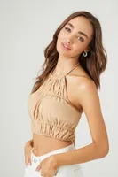 Women's Open-Back Halter Crop Top in Brown Large