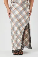 Women's Satin Plaid Print Maxi Skirt in Grey, 3X