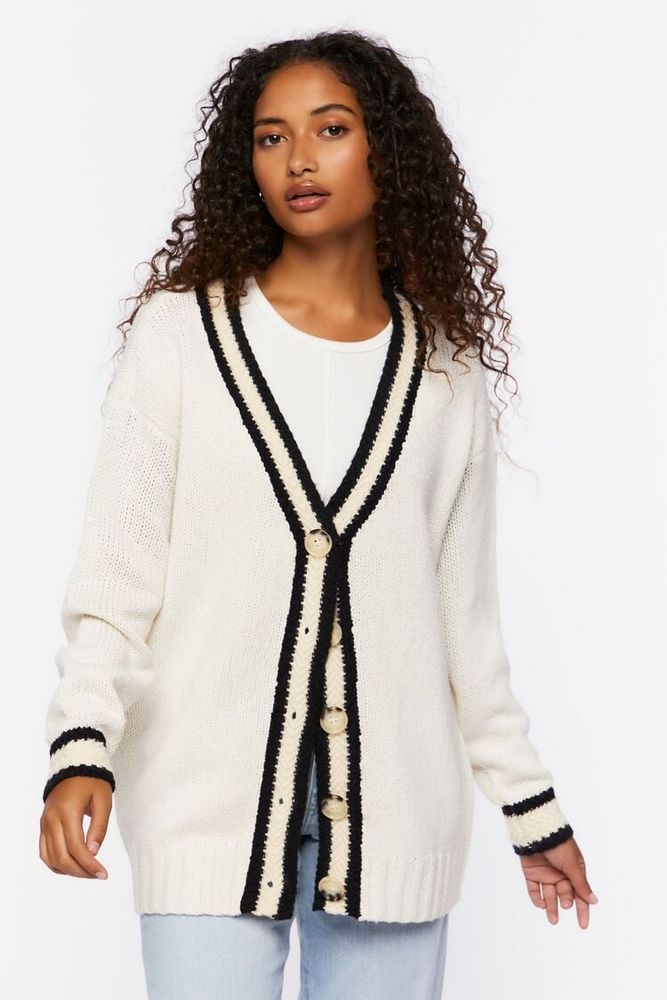 Beige Striped Long Sleeve Ribbed Trim Button Cardigan