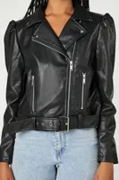 Women's Puff-Sleeve Moto Jacket in Black, XS