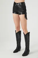 Women's Faux Leather Fringe Shorts in Black Small