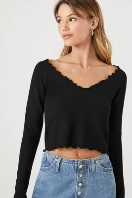 Women's Lettuce-Edge Long-Sleeve Top in Black, M/L