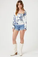 Women's Floral Print Square-Neck Top in White, XS