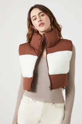 Women's Faux Shearling Colorblock Puffer Vest in Dark Brown/Cream Medium