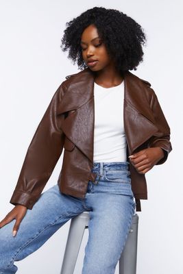 Women's Faux Leather Moto Jacket in Chocolate Large