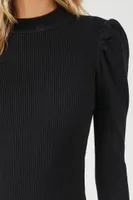 Women's Puff-Sleeve Mini Sweater Dress in Black Large