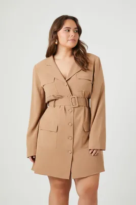 Women's Belted Blazer Mini Dress in Tan, 3X