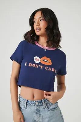 Women's I Dont Care Graphic Baby T-Shirt in Blue Medium