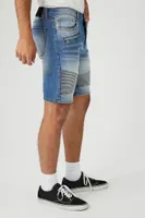 Men Stone Wash Denim Moto Shorts Medium Denim,