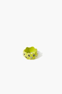 Women Scalloped Rhinestone Cocktail Ring in Green, 7