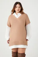 Women's Combo Sweater Shirt Dress in Taupe/White, 0X