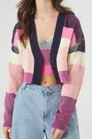 Women's Striped Rib-Knit Cardigan Sweater in Pink Large