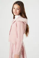 Girls Faux Fur Cardigan Sweater (Kids) in Pale Mauve, 13/14