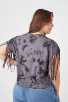 Women's Tie-Dye Poison Graphic Fringe T-Shirt in Black, 0X