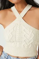 Women's Cable Knit Halter Crop Top in Oatmeal Medium