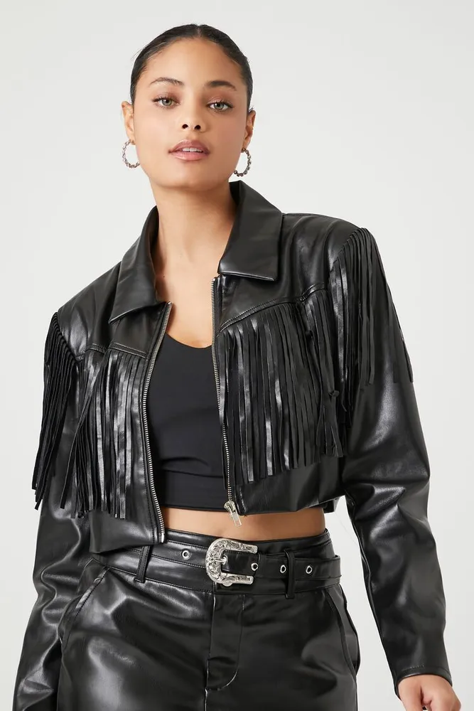 Women's Cropped Fringe Trucker Jacket in Black Small