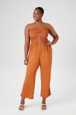 Women's Smocked Lace-Up Jumpsuit in Camel, 3X