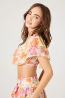 Women's Floral Print Ruffle Crop Top in Pink Small