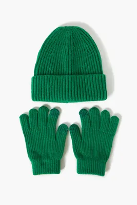 Kids Ribbed Beanie & Gloves Set (Girls + Boys) in Green