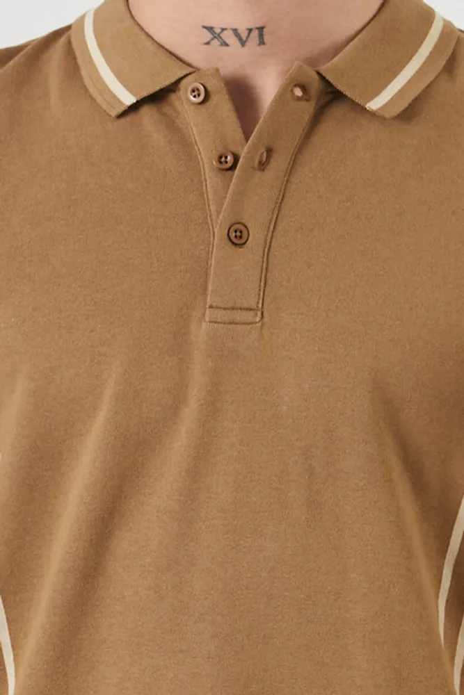 Men Striped-Trim Polo Shirt in Deep Taupe/Taupe Large