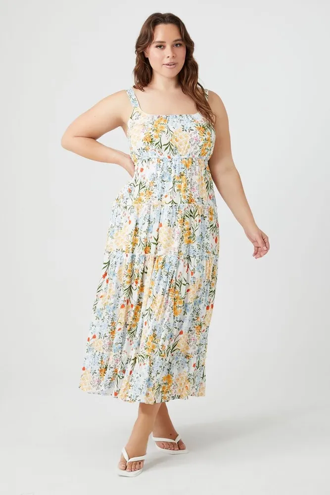 Women's Floral Print Maxi Dress in White, 2X