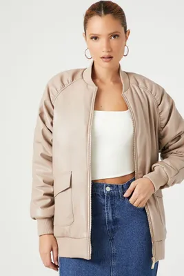 Women's Faux Leather Ruched Bomber Jacket in Nude Small
