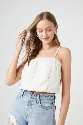 Women's Eyelet Button-Front Cropped Cami White