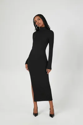 Women's Ribbed Mock Neck Maxi Dress in Black Large