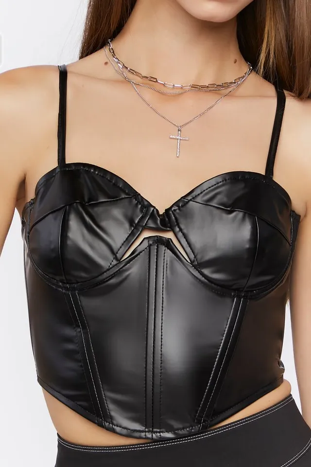 Forever 21 Women's Faux Leather Cutout Bustier Top Black