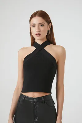 Women's Sweater-Knit Crisscross Crop Top in Black Large