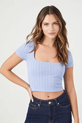 Women's Cropped Rib-Knit T-Shirt in Blue Moon Large