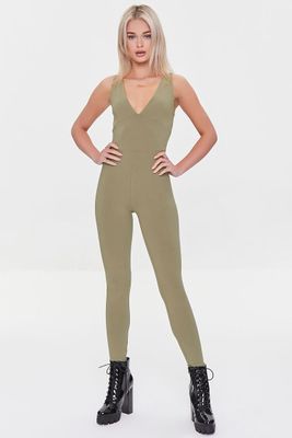 Women's Plunging Form-Fitting Jumpsuit in Olive Small