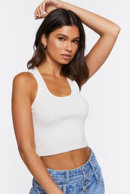 Women's Ribbed Knit Racerback Crop Top in White, XL