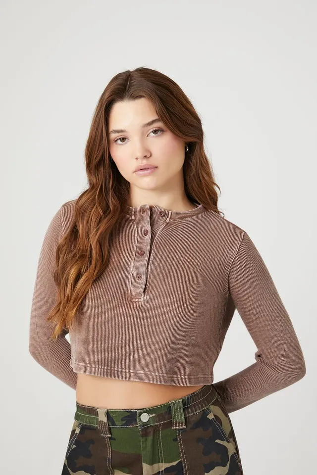 Cotton Ribbed Cropped Henley Top