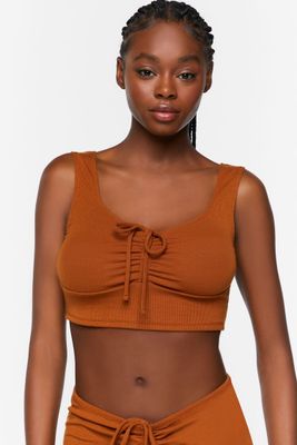 Women's Ruched Drawstring Lounge Crop Top Root Beer