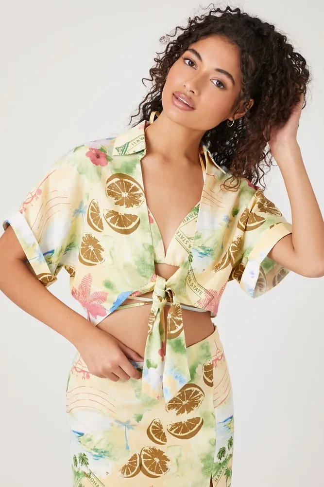 Women's Vacation Postcard Print Crop Top in Yellow Medium