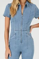 Women's Zip-Up Denim Short-Sleeve Jumpsuit in Light Denim, XL