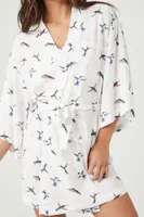 Women's Hummingbird Print Tie-Waist Robe in Ivory Small