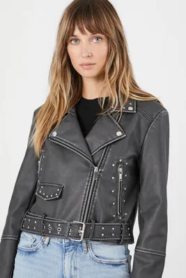 Women's Studded Faux Leather Moto Jacket in Washed Black Small