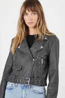 Women's Studded Faux Leather Moto Jacket in Washed Black, XS