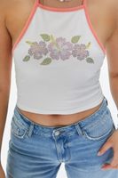 Women's Rhinestone Floral Halter Top in White/Coral Medium