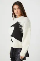 Women's Horse Drop-Sleeve Sweater in Vanilla/Black, XL