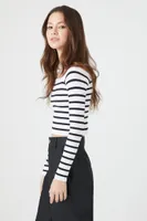 Women's Seamless Striped Crop Top in White/Black, L/XL