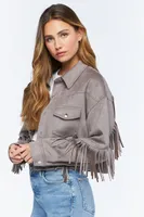 Women's Faux Suede Fringe Trucker Jacket Taupe