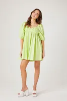 Women's Poplin Puff-Sleeve Babydoll Dress in Lime Small