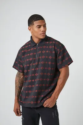 Men Geo Print Quarter-Zip Shirt in Black/Red Small