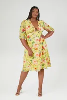 Women's Floral Print Plunging Midi Dress in Yellow, 2X