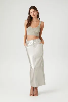 Women's Metallic Faux Leather Maxi Skirt in Silver Medium